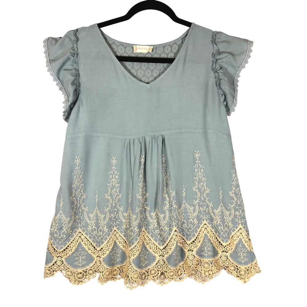Altar'd State Top Women L Green Embroidered Lace Trim Boho Peplum 48019-2